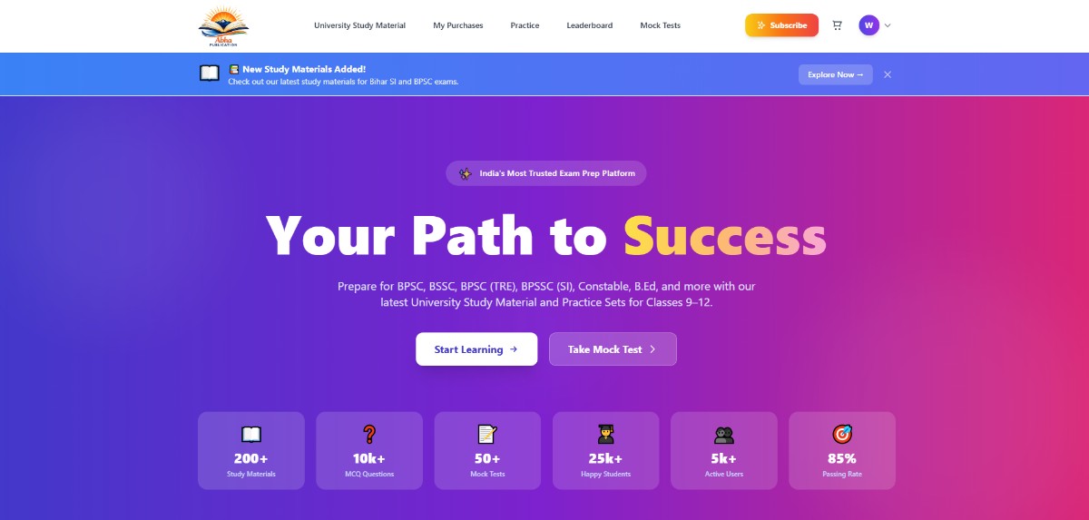 Abha Publication student dashboard showing study materials, mock tests and progress tracking